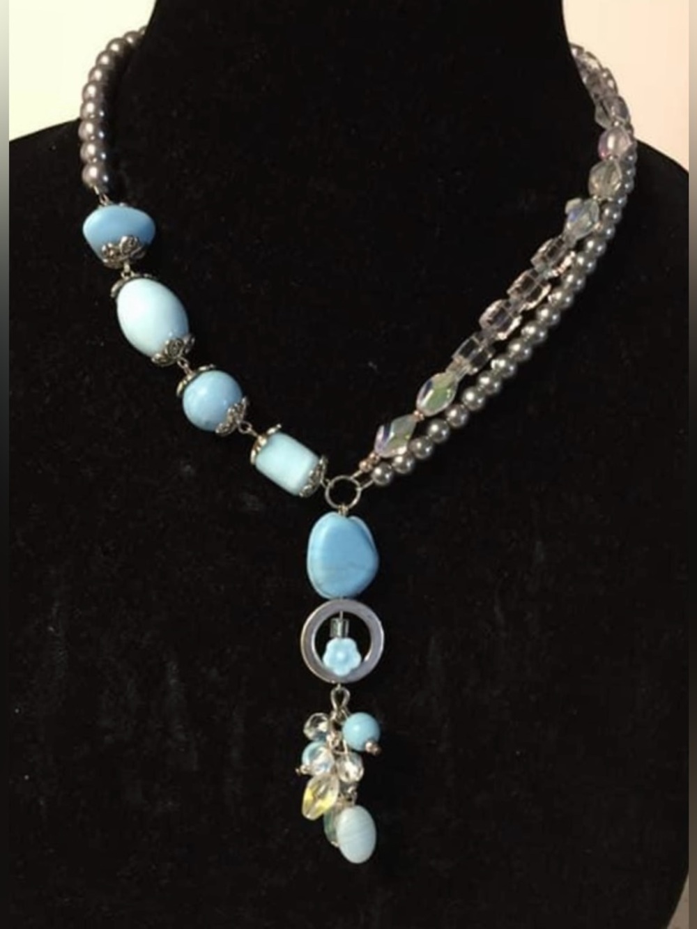 Blue Turquoise Beaded Necklace with Silver Chain